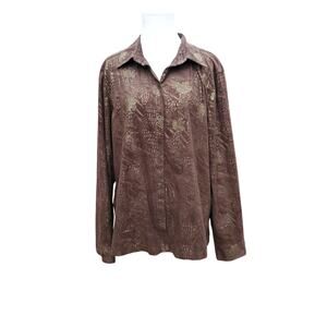 Chico's Sz 3 Brown Gold Leaf Button Down Shirt Top Collard Chicos Sz XL/16